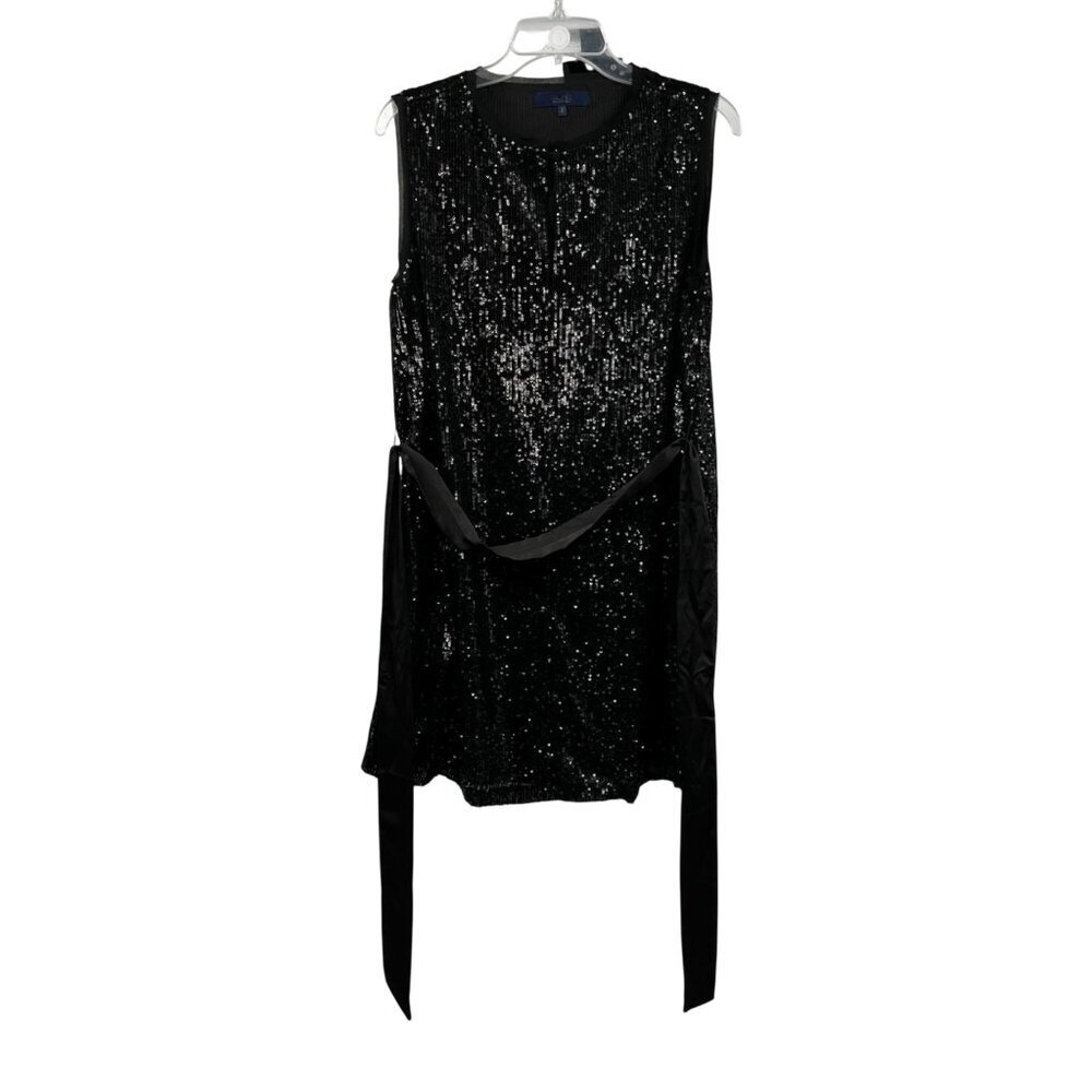 Rachel Roy Sequined Shift Dress Sleeveless Belted Black Size Small Keyhole